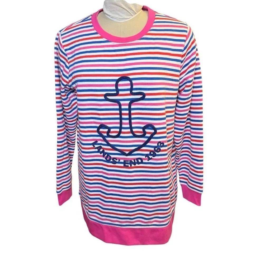 Lands End Serious Sweats Stripe Anchor Nautical Crewneck Sweatshirt X-Large